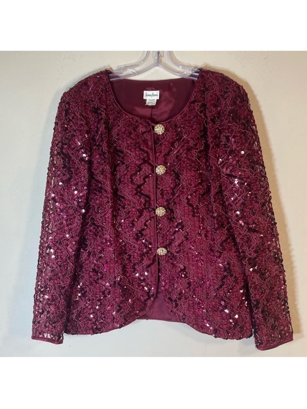 Neiman Marcus Burgundy Sequin Lace Jacket with Decorative Buttons